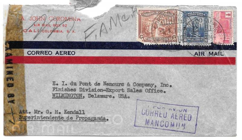 Colombia Censored Commercial Cover 1944 Aereo Mancomun to US