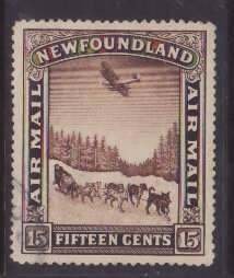 Newfoundland-Sc#C6- id40-used 15c airmail-Plane-Dogs-1931-