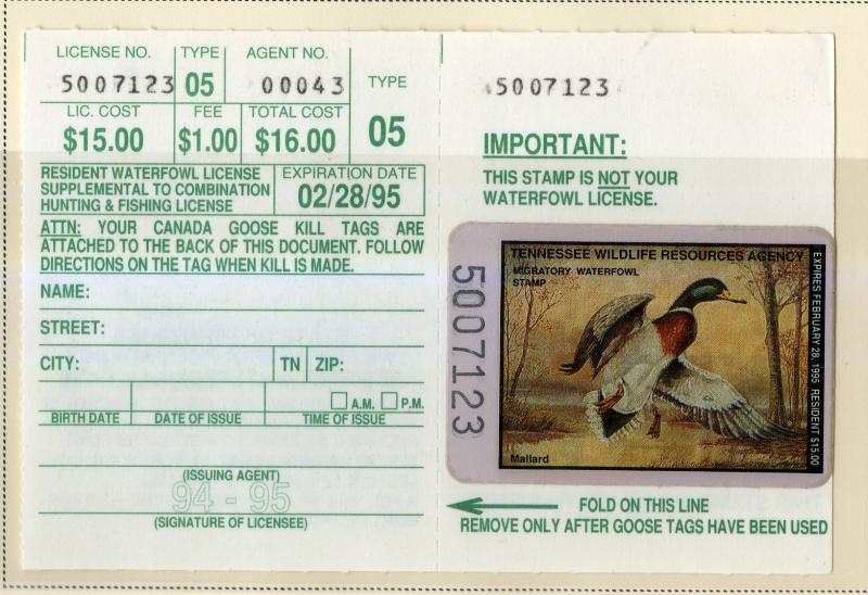 US TN16 TENN STATE DUCK STAMP 1994  MNH SCV $15.00 BIN $7.50