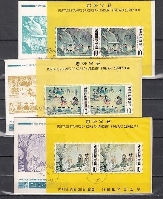 South Korea, Scott cat. 781a-783a. Ptgs. by Shin Yun-Bok s/sheets on 3 F.D.C`s.