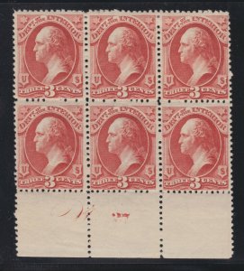 US O98 3c Interior Dept Official Mint Plt #27 Block of 6 F-VF OG NH/ LH SCV $115