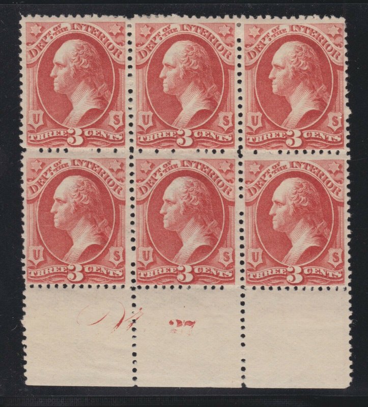 US O98 3c Interior Dept Official Mint Plt #27 Block of 6 F-VF OG NH/ LH SCV $115