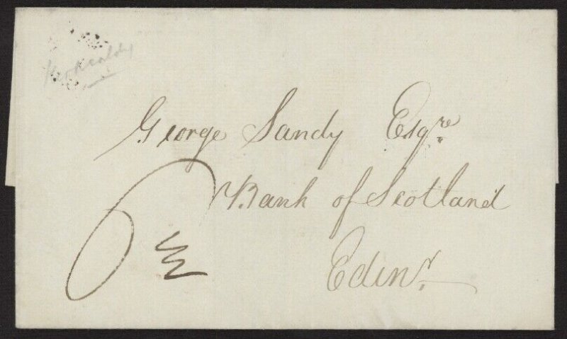 1830 Stampless folded cover, Kirkcaldy pmk, no ltr to Bank of Scotland,Edinburgh