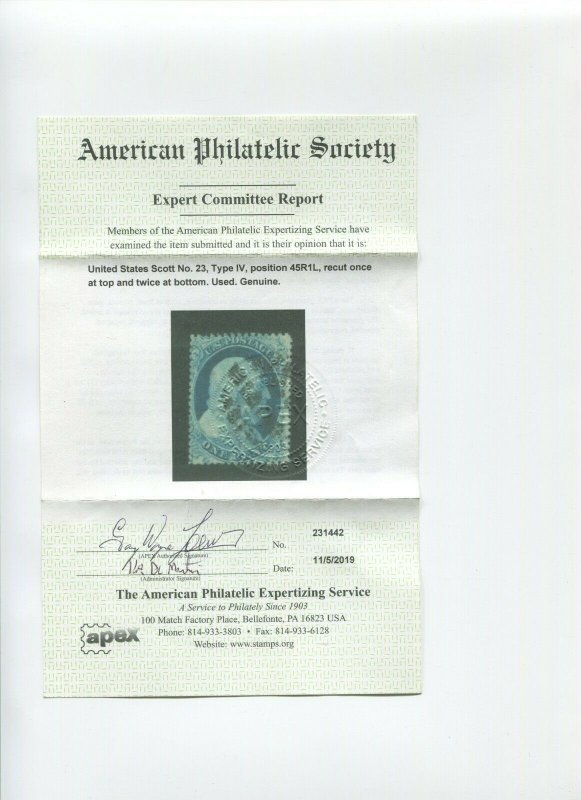 Scott 23 Franklin Used Stamp Pos 45R1L with APS Cert (Stock 23-APEX 1)