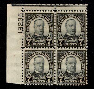 10711 OAS-CNY SCOTT 639 – 1927 7c McKinley, black PLATE BLOCK MH $22