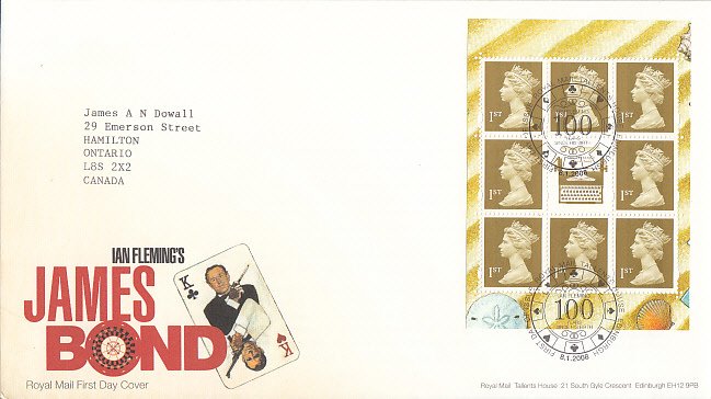 Great Britain 2008 FDC Sc #MH287f Pane of 8, label Ian Fleming James Bond Books