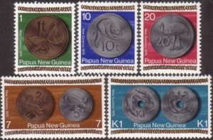 Papua New Guinea 1975 SG281-285 Coins on stamps set MNH