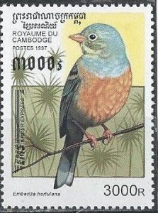 Cambodia 1603 (mnh) 3000r birds: Ortolan bunting (Emberiza hortulana) (1997)