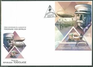 TOGO  2013   175th  BIRTH ANNIVERSARY FERDINARD VON ZEPPELIN   S/SHEET FDC