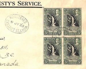 ST. LUCIA Cover 1935 3d BLOCK{4} Registered Official VERNON Canada WATERFALL CF2