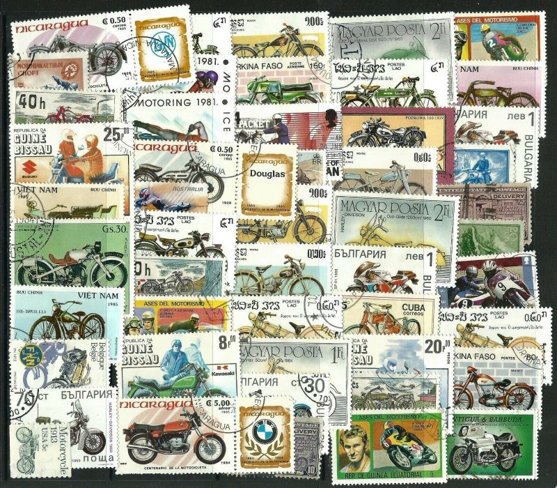 25 MOTORBIKE  THEMED STAMPS OFF PAPER - ALL DIFFERENT 