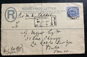 1908 Singapore Straits Settlements Registered Stationery Cover To France H&GC3