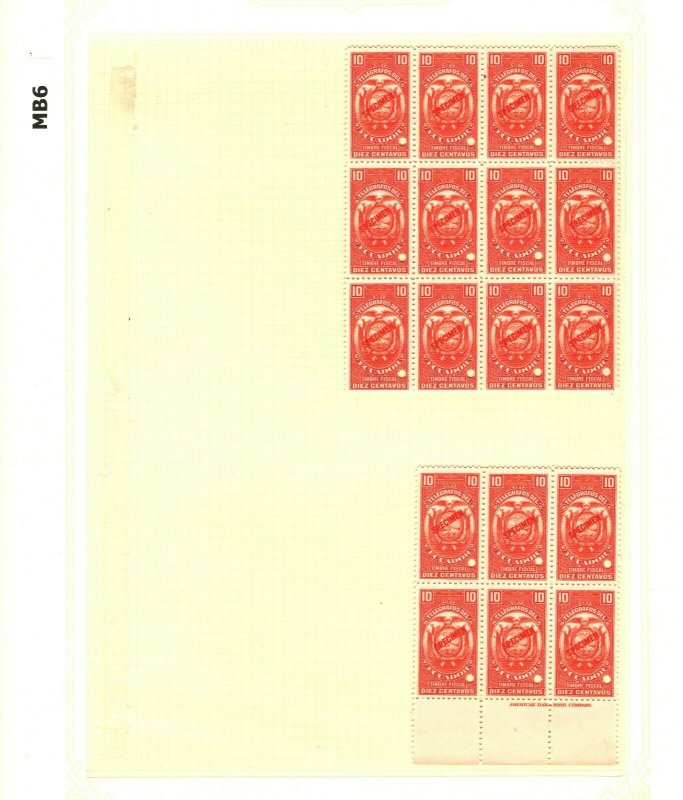 ECUADOR TELEGRAPHS *ABNCo. Imprint* SPECIMEN Two 10c Blocks{12 & 6} UM MNH MB6