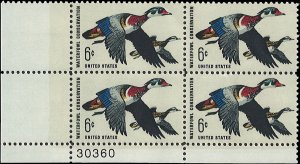 Scott # 1362 1968 6c multi Litho& Wood Ducks in Flight  Plate Block - Lower L...