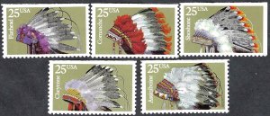 United States #2501-04 25¢ Indian Headdresses. Five  singles from booklet. MNH