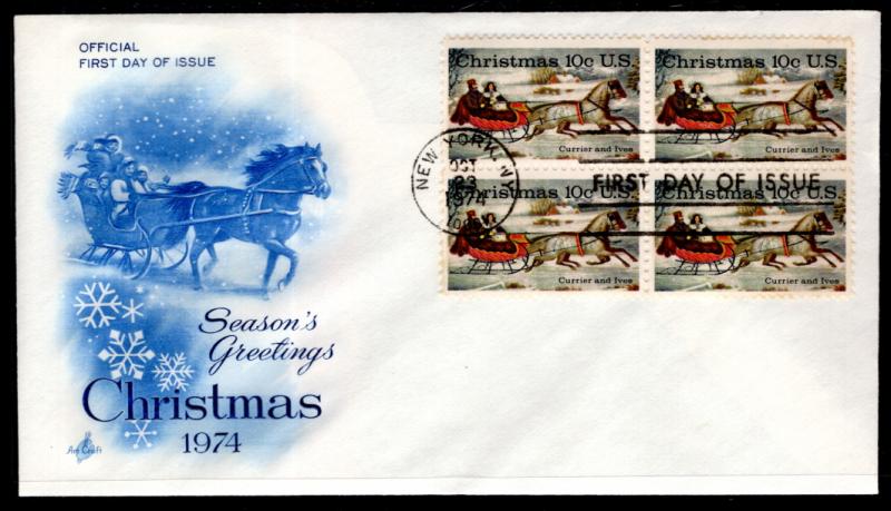 US 1551 Christmas Currier and Ives Block of Four Artcraft U/A FDC