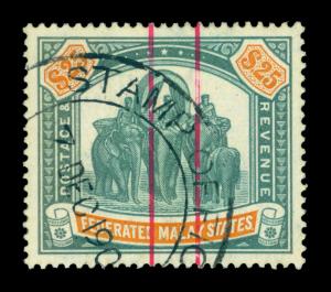 MALAYA MALAYSIA 1909 ELEPHANT $25 dark green WMK MULTI CROWN CA USED STAMP