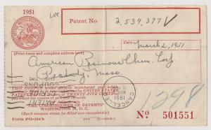 Patent Office coupon w/ unusual Universal Machine Cancel 1951