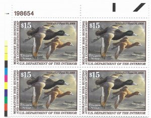 US RW 66  1999   $15.00 Federal duck stamp  Plate Block VF NH