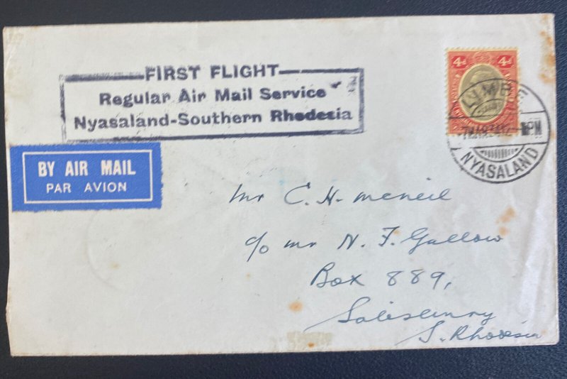 1934 Limbe Nyasaland First Flight Airmail Cover To Salisbury Southern Rhodesia