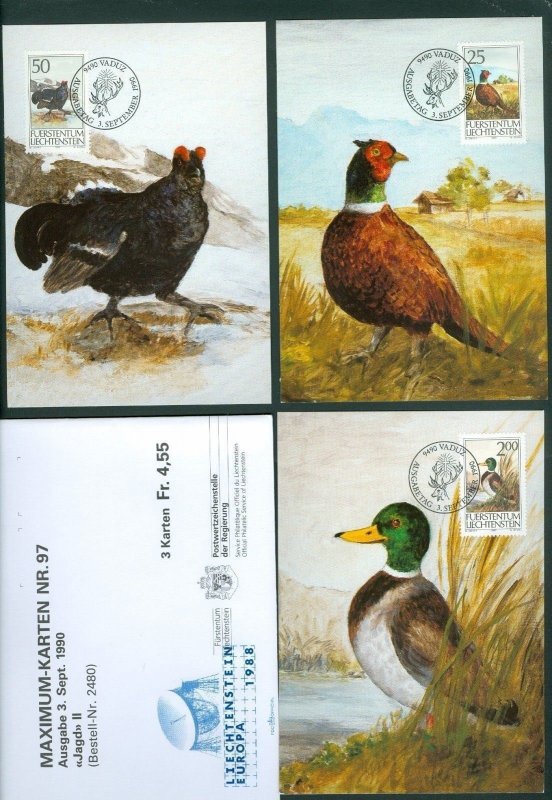 Liechtenstein. Maximum Card. # 97. 1990. Complete Set 3 Diff.  Hunting II.