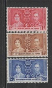 ST. KITTS- NEVIS #76-78 1937 CORONATION ISSUE MINT VF LH O.G ee