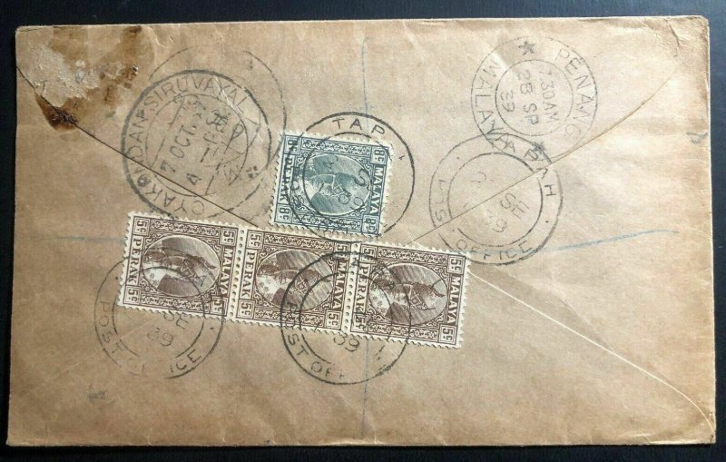 1939 Tapah Malaya Perak Registered Commercial Cover To India