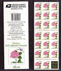 USA BOOKLET SC# 2492a - PINK ROSE $0.32c - 20 S.A. MNH - PL# S112