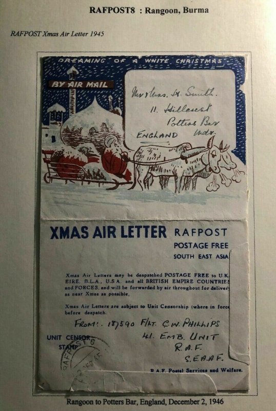 1945 Rangoon Burma RAFPOST Xmas Air Letter Cover To Potters Bar England