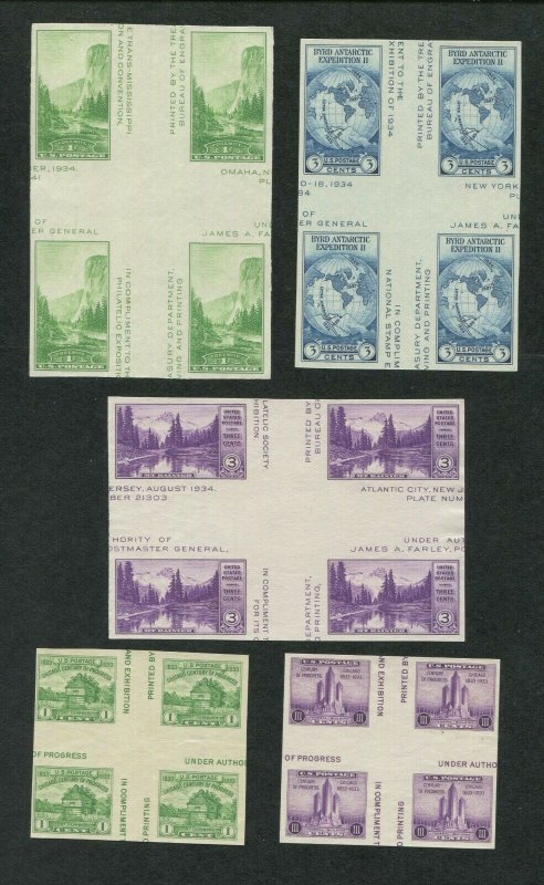 1935 United States Postage Stamp #766a-770a Mint Never Hinged Gutter Blocks