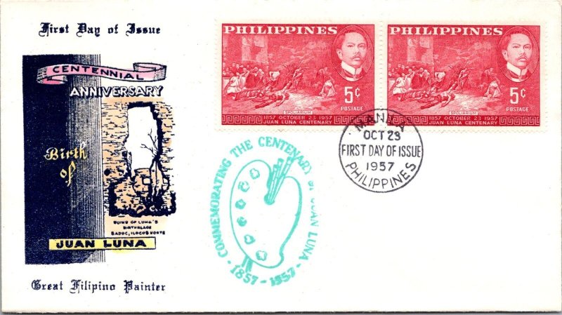 Philippines FDC 1957 - Juan Luna Birth Centenary - 2x5c Stamp - Pair - F43177