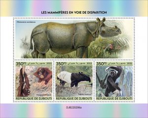 DJIBUTI - 2022 - Endangered Animals - Perf 3v Sheet - Mint Never Hinged