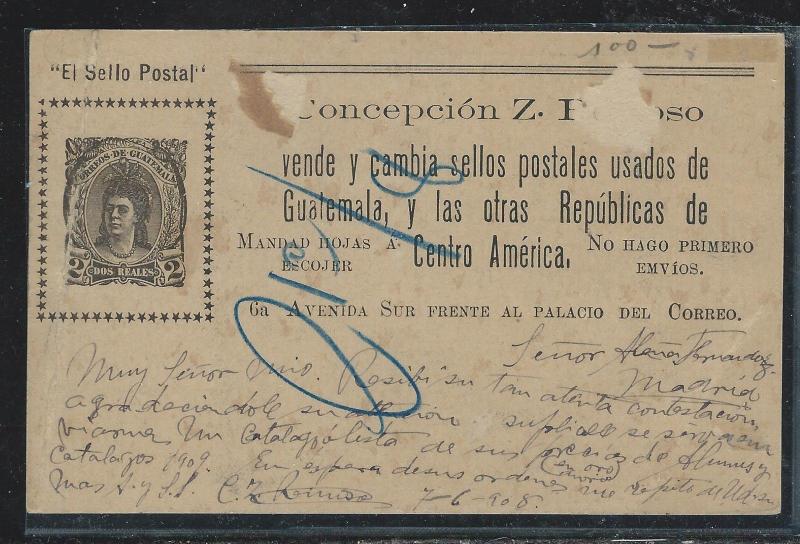 GUATEMALA (P2309B) 1909C 3C PSC UPRATED 6C X2 TO MADRID SPAIN