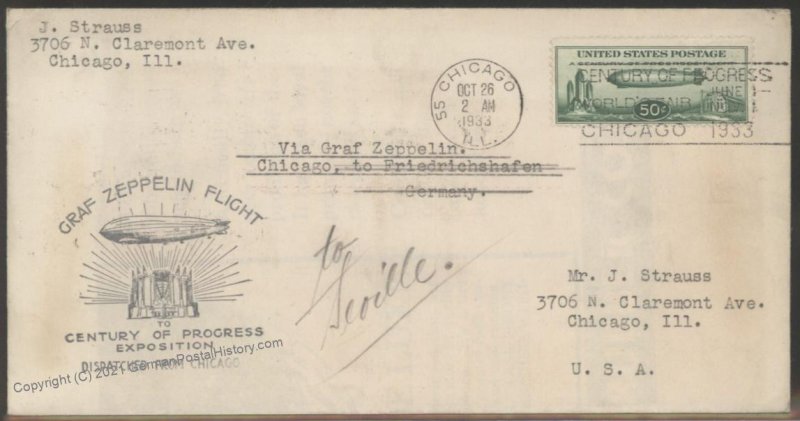 USA 1933 Graf Zeppelin Si244B Century of Progress C18 ILLUSTRATED Cover C 103374