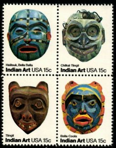 1980 Indian Art Masks Block Of 4 15c Postage Stamps, Sc# 1834-1837, MNH, OG