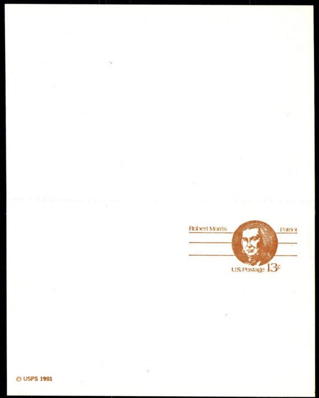 #UY34 Robert Morris  Postal Reply Card (Unfolded)- MInt