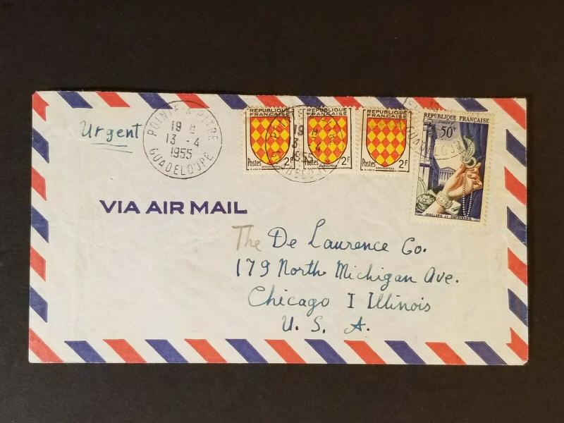 1955 Guadeloupe Chicago Illinois USA Urgent Air Mail De Laurence Company Cover