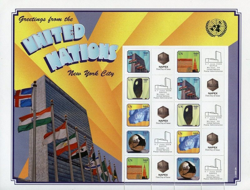 UNITED NATIONS 2009 GREETINGS FROM THE UN  PERSONALIZED 98c NAPEX SHEET MINT NH