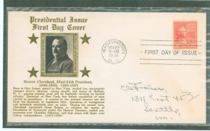 US 827 1938 22c Grover Cleveland (part of the Presidential/Prexy Definitive Series) single on an addressed FDC with a Crosby cac