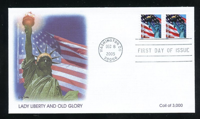 US 3967 Pr Flag & Statue of Liberty from coil of 3000 UA Fleetwood cachet FDC