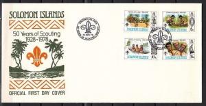 Solomon Is., Scott cat. 377-380. 50th Anniversary, Scouting. First Day Cover. ^