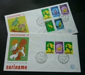 Suriname Child Welfare 1977 Pet Bird Dog Rabbit Cat Monkey (FDC pair) *see scan