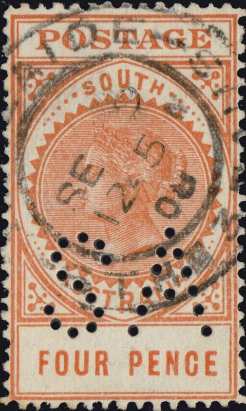 SOUTH AUSTRALIA - 1908 SG299 4d orange-red perfin SA - VFU ADELAIDE / STH-3-AUS