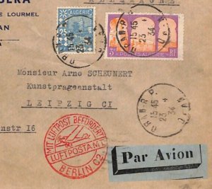 France Cols ALGERIA Cover 1934 German Air Mail 3f25c Rate Oran-Leipzig YV258