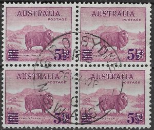 Australia 5-1/2d on 5d Merino Sheep issue of 1941, Scott 190 Used Block of Four