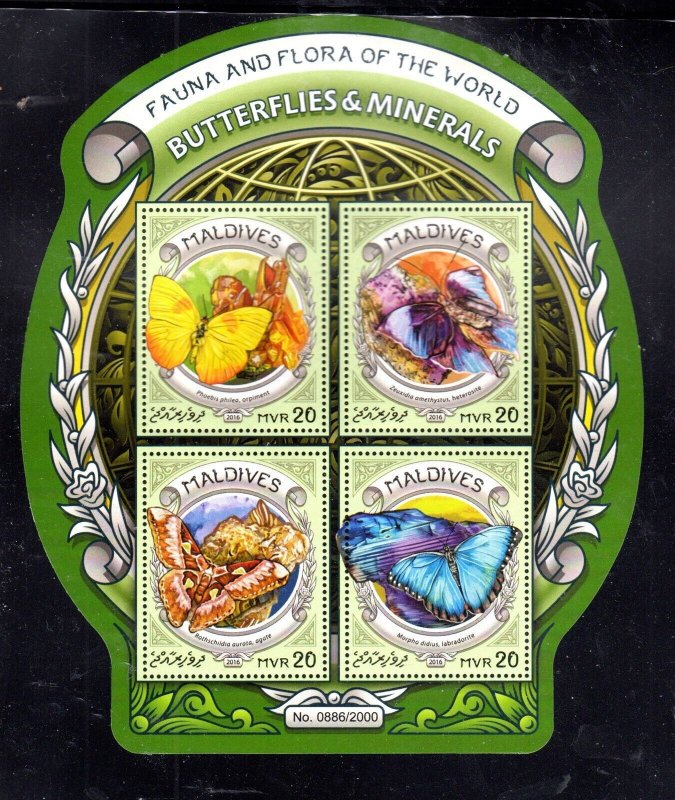 MALDIVES #3690 2016 BUTTERFLIES & MINERALS MINT VF NH O.G M/S4