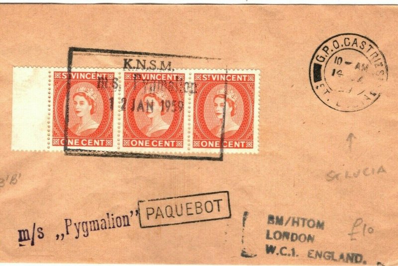 ST VINCENT PAQUEBOT Cover 1c Strip{3} ST LUCIA Castries CDS GB London 1959 PB294