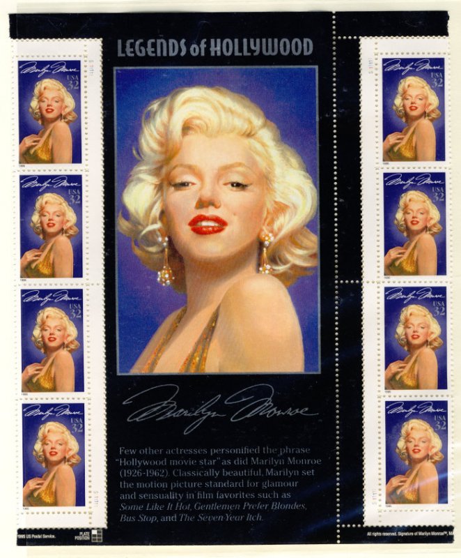 US #2967 Marilyn Monroe,  FULL GUTTERS from press sheet, VF OG NH, Very RARE ...