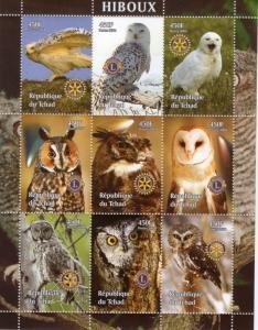 Chad 2004 BIRDS OWLS Lions & Rotary International Sheet Perforated Mint (NH)