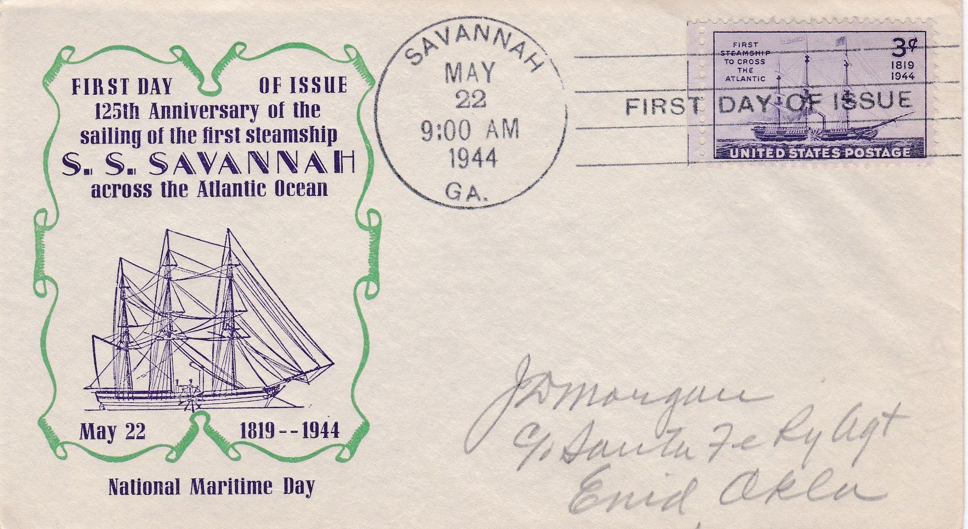 1944 FDC, 923, 3c Steamship, Sanders United States, General Issue